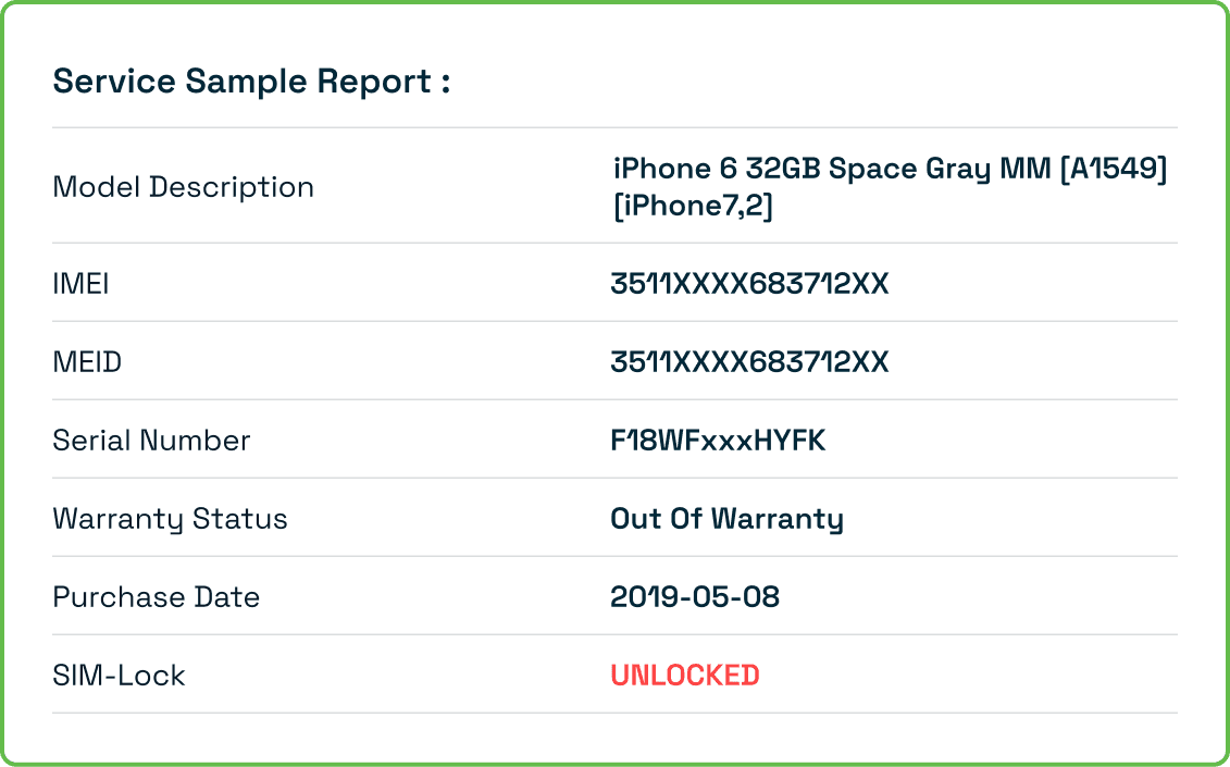 Sample IMEI unlock check report