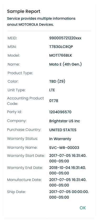 Check IMEI Service sample report for Motorola