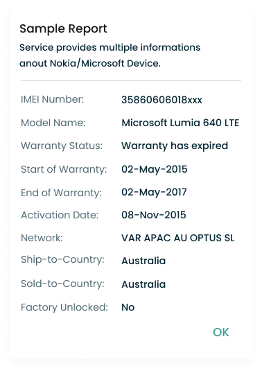 Check IMEI Service sample report for Nokia