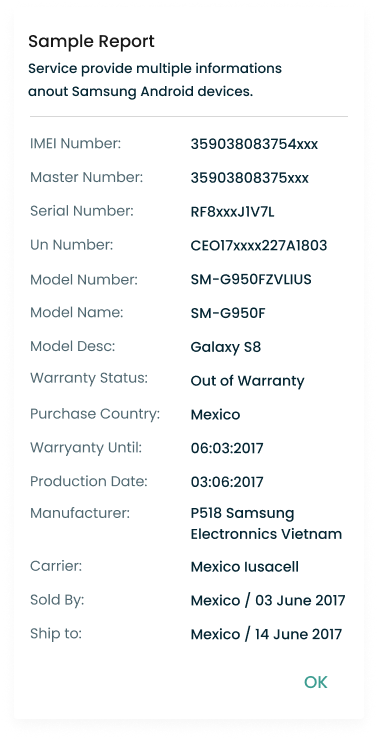 Check IMEI Service sample report for Samsung
